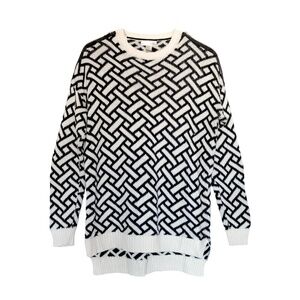 Forever 21 Exclusive Black Cream Geo Abstract Faux Zipper Sweater Top Size M
